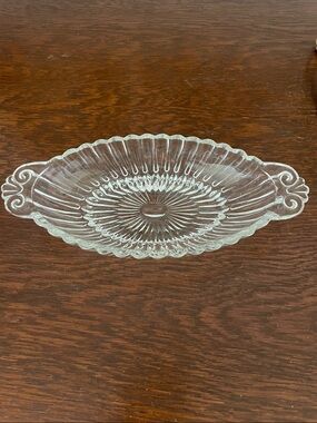 Depression era ribbed Glass Serving Dish with Decorative Handles